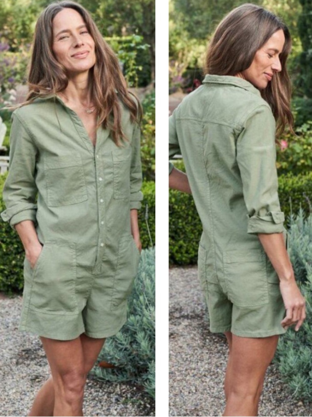 Frank & Eileen Ireland Playsuit Romper Patch Pockets Sage Green Button-Up Sz S